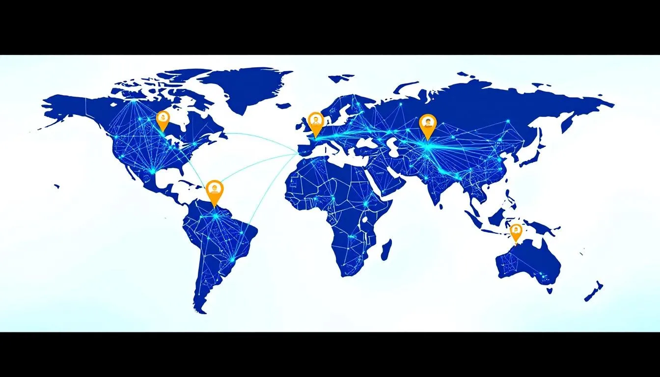A global map illustrates the connections between remote workers and businesses across various continents, highlighting the growing trend of virtual assistant jobs. It emphasizes the diverse administrative tasks that many virtual assistants handle, such as calendar management and social media management, enabling flexible work arrangements for clients worldwide.