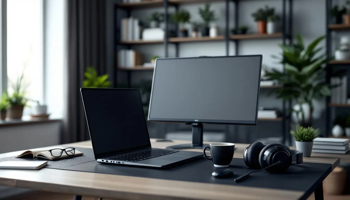 A professional home office setup features a sleek computer, a comfortable headset, and an organized workspace, ideal for virtual assistants managing administrative tasks and supporting multiple clients. This environment promotes excellent work-life balance, making it perfect for remote workers and those pursuing freelance virtual assistant jobs.