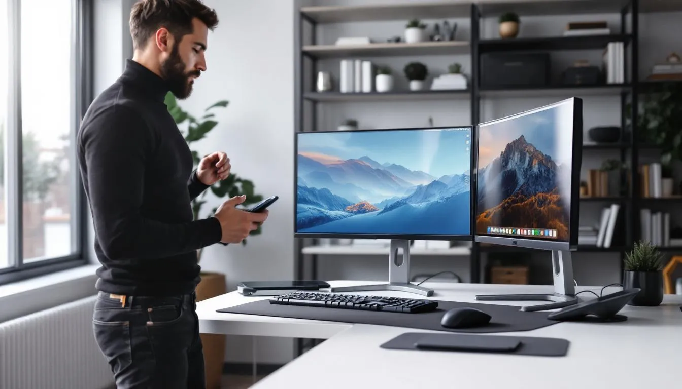 A person is setting up a modern home office, featuring sleek equipment and organizational tools designed for efficiency, ideal for remote virtual assistant jobs. The workspace reflects a proactive approach to managing administrative tasks and supporting multiple clients, enhancing productivity and work-life balance.