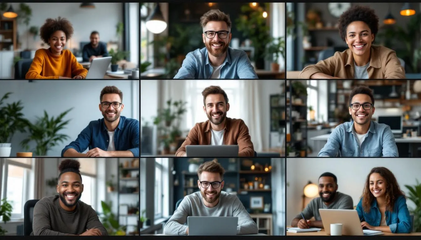 A diverse group of remote workers is collaborating virtually, each participating from different time zones and locations, showcasing the flexibility and connectivity of modern remote work. They are engaged in various tasks such as project management, social media management, and administrative services, highlighting the dynamic nature of virtual assistant jobs.
