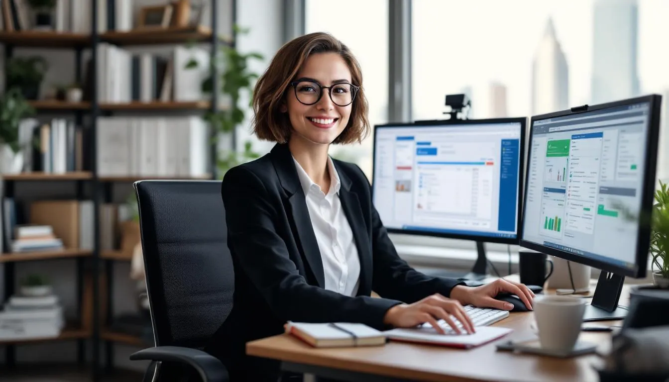 A virtual assistant is depicted working diligently across multiple computer screens, managing various administrative tasks such as calendar management, data entry, and social media management for multiple clients. This scene highlights the flexibility and efficiency of remote virtual assistant jobs, showcasing the ability to juggle numerous responsibilities while maintaining excellent communication and organizational skills.